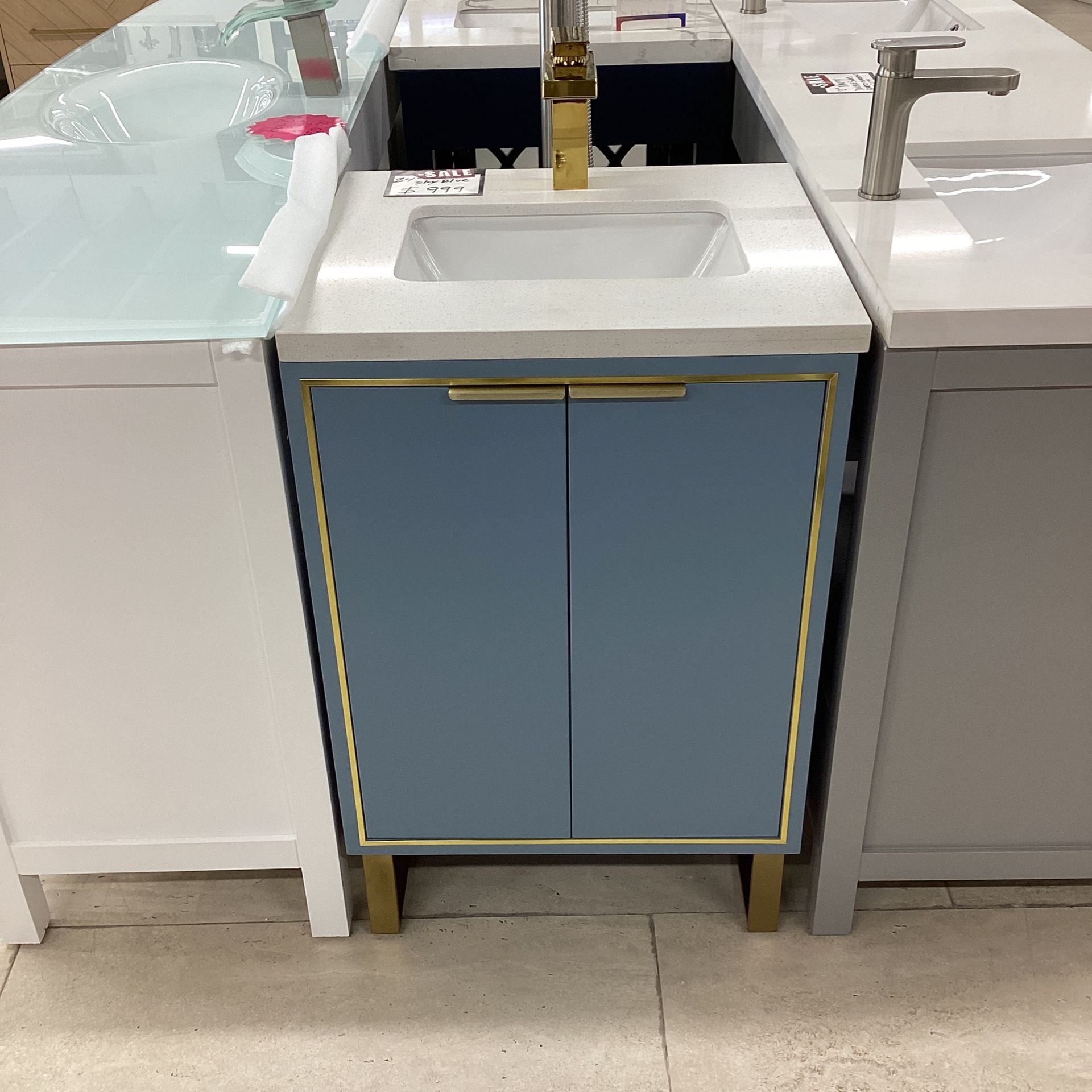 24” Sky Blue Bathroom Vanity Stone Countertop Ceramic Sink Solid Wood Fully Assembled Available Today!!!