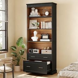 2-Drawer Black Engineered Wood 31 in. W Vertical File Cabinet for Letter Size, 5-Tier Bookshelf for Home Office