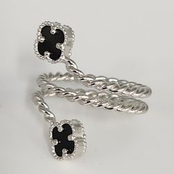 Elegant Silver Double Onyx Clover Adjustable Ring