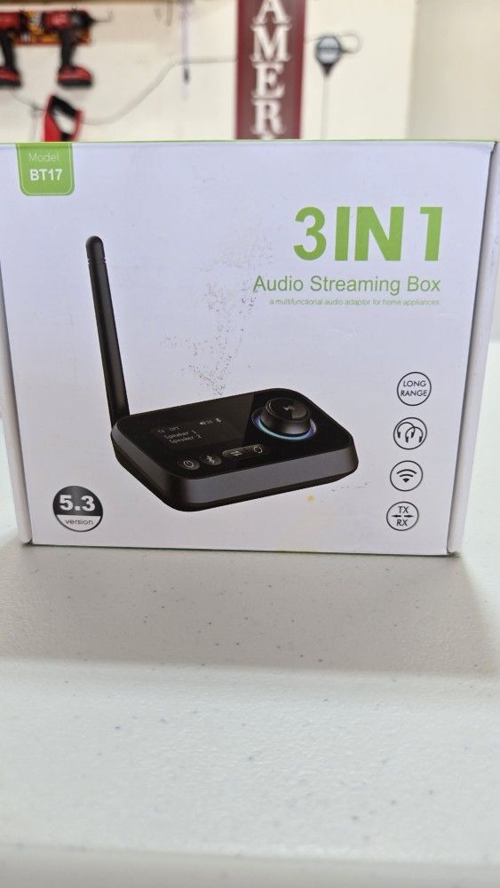Bluetooth Transmitter Receiver 3-in-1 Bluetooth 5.3 Audio Adapter for 2 Headphones with Bypass Volume Control ON/Off Switch LCD Display 3.5mm Aux/Opti