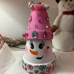Hand Painted Terracotta Pot Snowman Barbie Style
