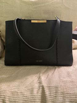 Ted Baker Black Pebbled Leather Top-Handle Shoulder Bag with Gold Accent
