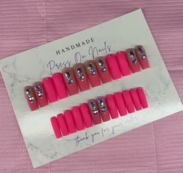 Long square Press on nails pink ombré rhinestones matte nude handmade custom gel