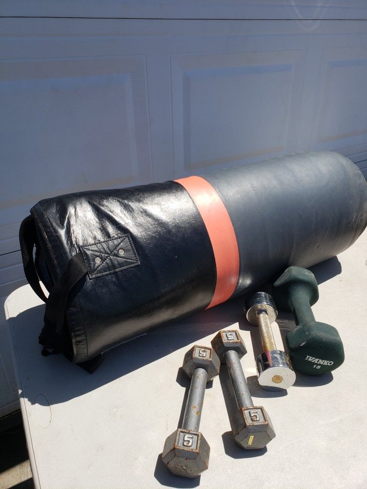 Punching Bag and Dumpbells