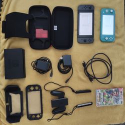 Switch 1 With Carrier, Joycons, Dock, And Power Supply. Switch 1 Lite With Protective Screen And Hard case. Mario Party Superstars Included.