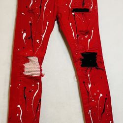 Men's Blind Trust Red Denim Jeans Size 30 With Jacket Size M--Paint Splatter