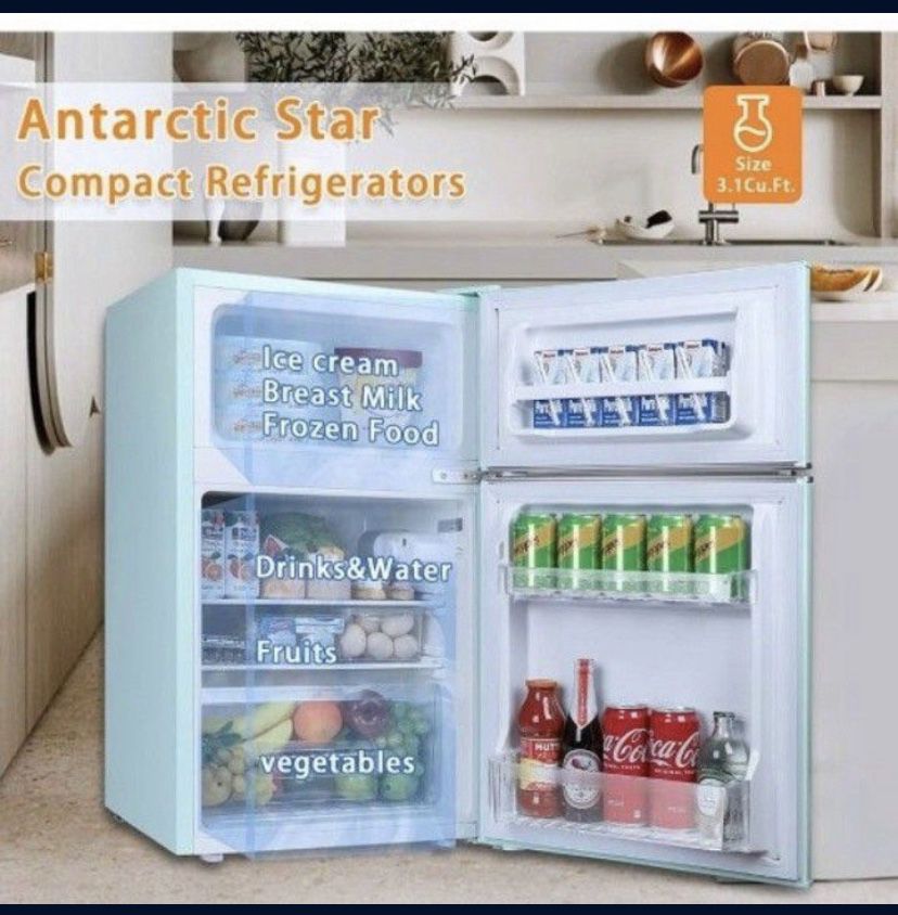 Antarctic Star Compact Mini Refrigerator Separate Freezer, Small Fridge  Double 2-Door Adjustable Removable Retro Stainless Steel Shelves Garage  Camper
