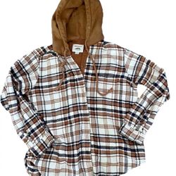 American Eagle Brown Plaid  Bottom Down Hoodie Jacket Size XS