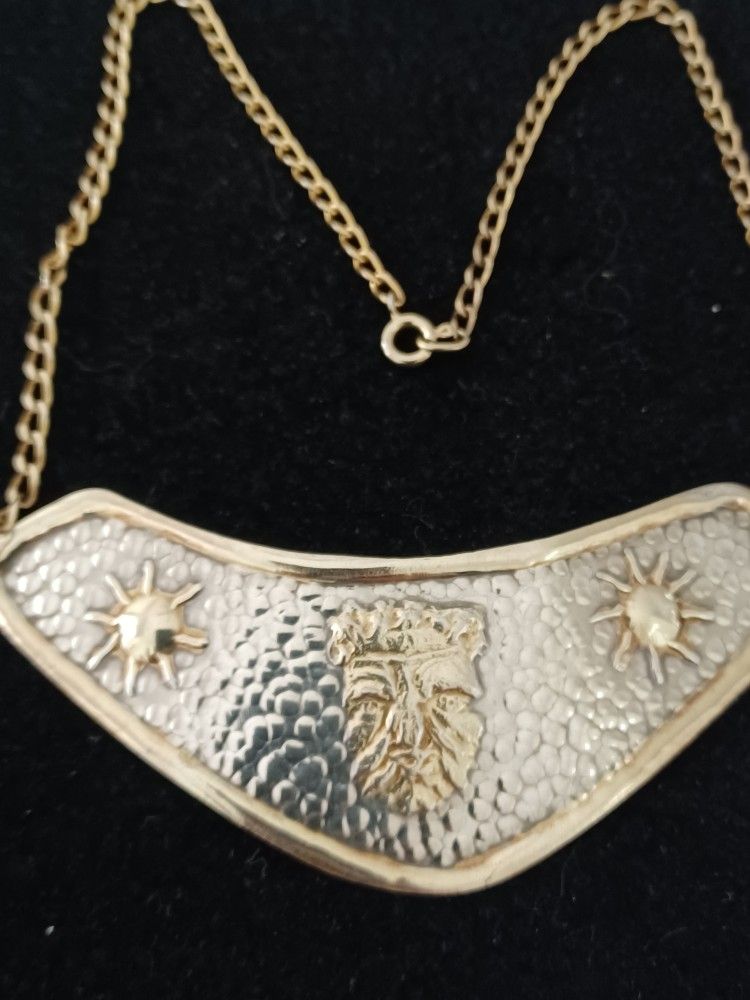 Vtg.Sterling Silver 925- Gold Vermeil Suns& Man Face Necklace