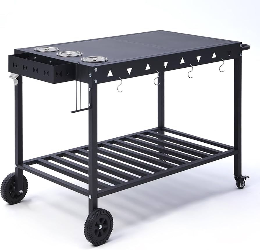 Portable Outdoor Grill Table with Wheels, Heavy-Duty Griddle Stand Grill Cart with Shelves,Towel Holder, Spice Pots & Bottle Opener, Multi-Functional