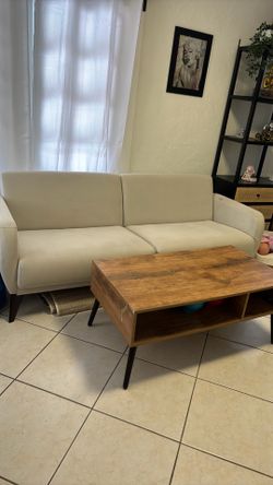 Small couch and coffee table beige and wood