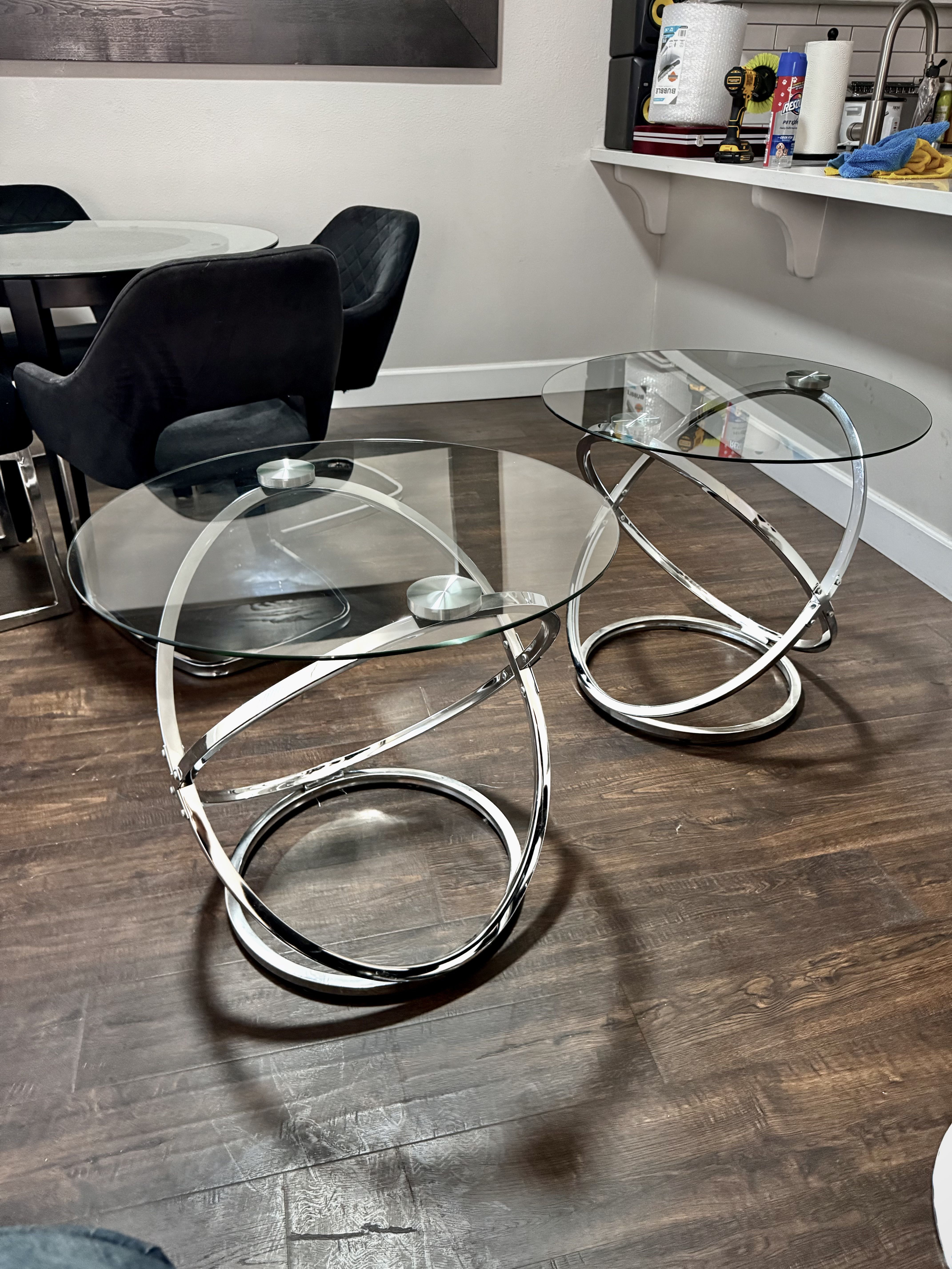 Glass Top End Tables with Ornate Chrome Bases (Set of 2)