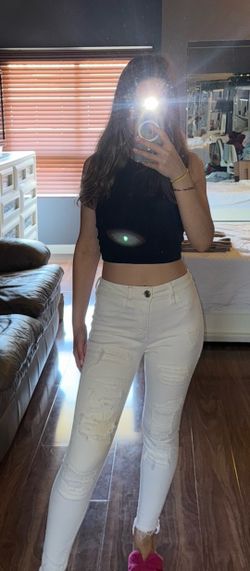American Eagle White Distressed High-Waisted Skinny Jeans