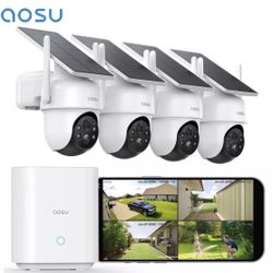 aosu Security Cameras Outdoor Wireless, 4 Cam-Kit, No Subscription Required, Solar-Powered, Home Security Cameras System with 360° Pan & Tilt, Auto Tr