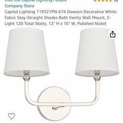 Capital Lighting 119321PN-674 Dawson Decorative White Fabric Stay-Straight Shades Bath Vanity Wall Mount, 2-Light 120 Total Watts, 12" H x 16" W