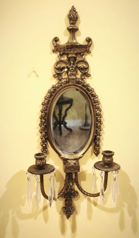 Pair of Antique Brass Candle Sconces with Opera Mirror And Crystal Pendants