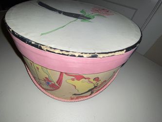 Vintage Multicolored Mid Century Modern French Round Hat Box Scenes of Paris