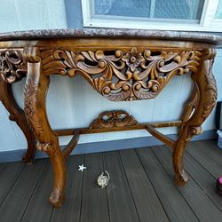 Vintage Carved Wood Console Table w/ Marble Top