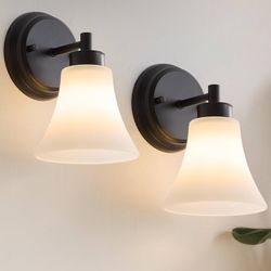 2 Pack 1-Light Bathroom Vanity Lights Black Vintage Bathroom Lighting Fixtures with Opal White Glass, Set of 2 Single Vanity Wall Sconces