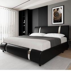 Modern Faux Leather Queen Bed Frame with Adjustable Headboard , Black B-5