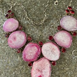 Pink Druzy And Garnet Necklace 