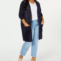 Say What? Women’s navy Ribbed Duster Cardigan Sweater, 3X