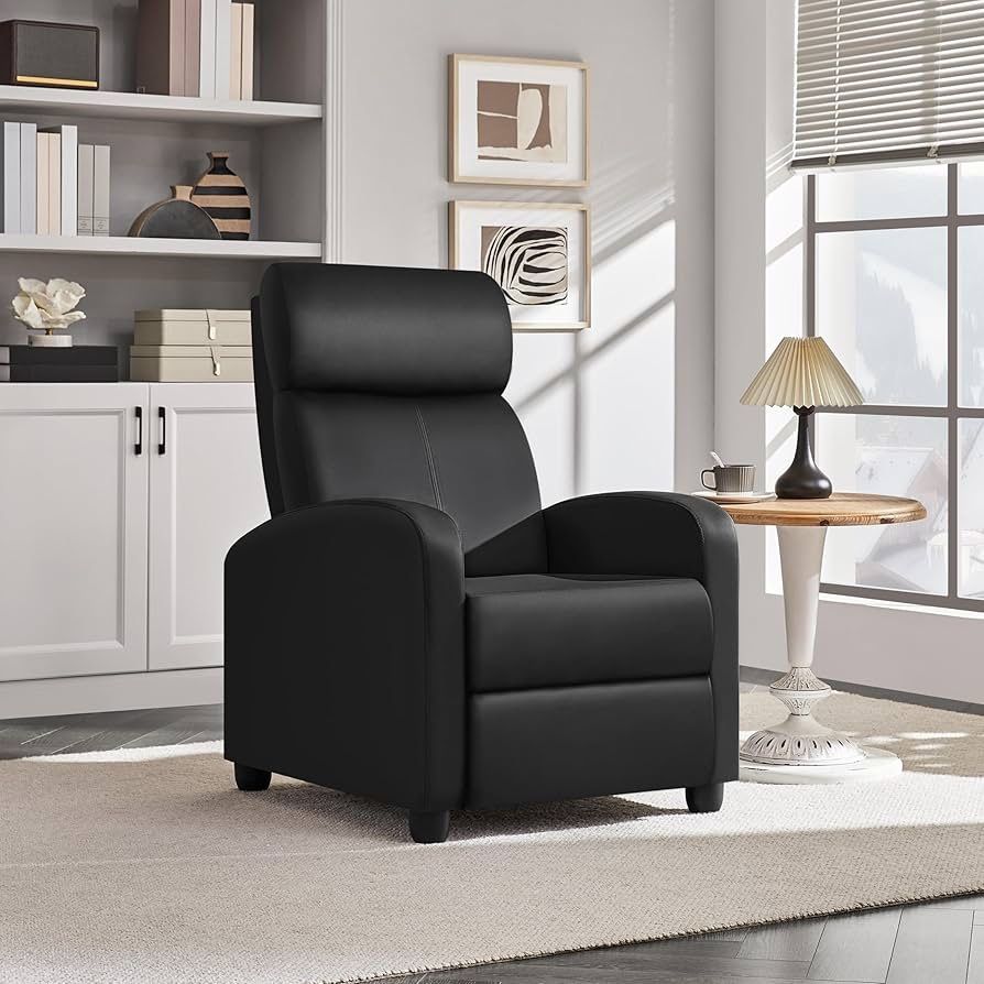 New Recliner Chair, PU Leather Recliner Sofa for Adults, Home Theater Seat with Lumbar Support, Recliner Sofa for Living Room (Dark Black, Leather) N