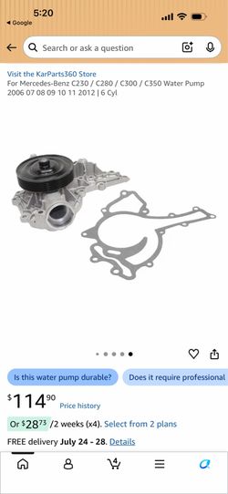 For Mercedes-Benz C230 / C280 / C300 / C350 Water Pump 2006 07 08 09 10 11 2012 | 6 Cyl
