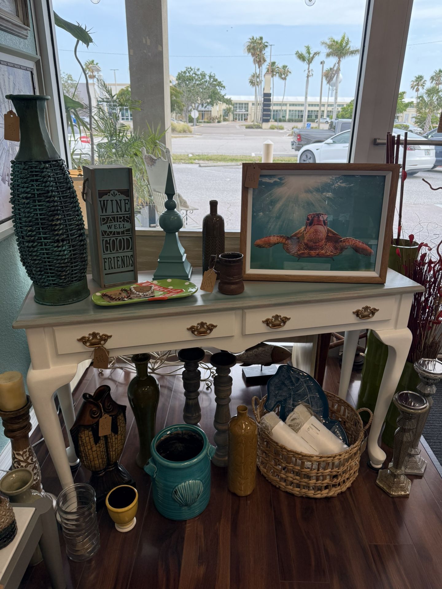 Vibrant Beautiful Coastal Sunset Top with Snow White Bottom Two Drawer Entry Table / Desk / Console