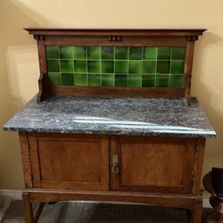 Antique Wood Washstand Cabinet With Marble Top