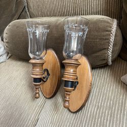 Set If 2 Vintage Wood And Glass Tea Light Or Taper Candle Holders 