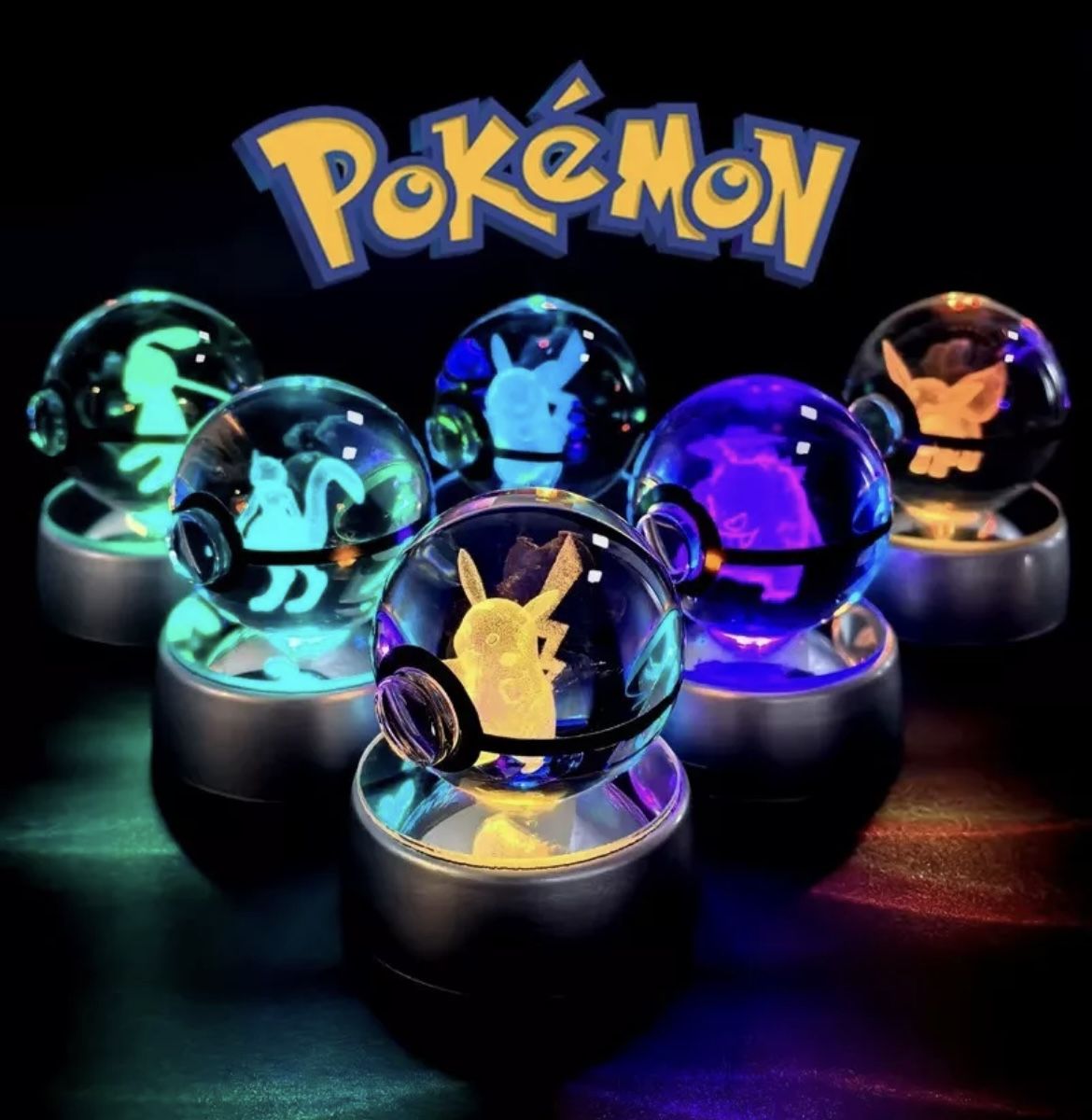 Pokemon 3D Crystal Ball Figurine Pokeball With LED Light-Up Color Changing Base
