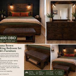 Cal King Sonoma Brown Bedroom Set – Bed, Dresser, Mirror & Storage Bench