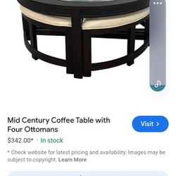 Mid Century Coffee Table With 4 Ottomans 