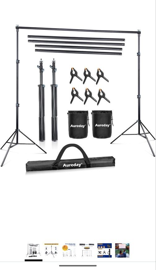 Aureday Backdrop Stand, 10x8.5ft Adjustable Photo Backdrop Stand for Parties, Heavy Duty Background Stand with Travel Bag, 6 Backdrop Clamps, 4 Crossb