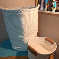 Decorative 19" Coiled Rope Laundry Basket & 12" Rectangle Storage Basket
