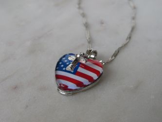 American Flag Cross Heart Pendant Necklaces Patriotic Jewelry Religious