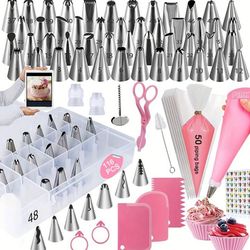 116pcs Cake Decorating Supplies Set, Includes 55 Piping Tips, 50 Piping Bags, 3 Icing Spatulas, With Storage Box. Suitable For Creative Icing Cakes, C