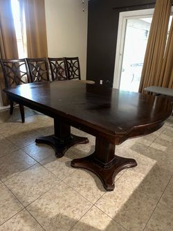 Large Wood Dining Table + 4 Chairs – Double Pedestal