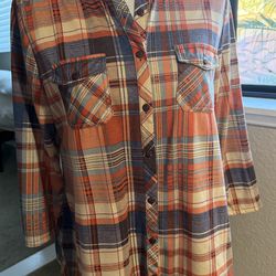 Eden & Olivia Womens Plaid Button Down Shirt L Orange/Blue Long Sleeve Roll Tab
