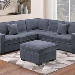3-pc Sectional Sofa With Ottoman Dark Grey Corduroy USB Ports 