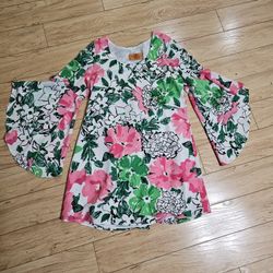 Voom By Joy Han Dress Floral Pink Green White Black with Flowy Bell Sleeves - Size Large 