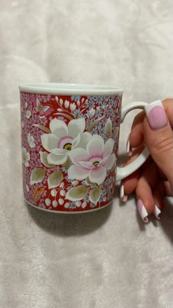 Vintage Japan Porcelain Mug Red Floral White Pink Flowers Butterfly Coffee Cup