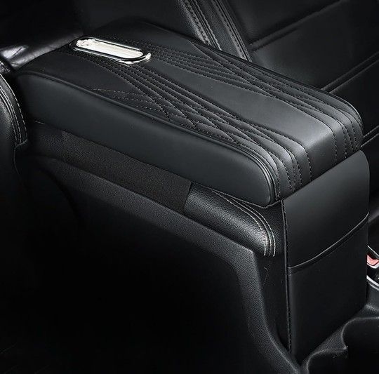 Leather Car BLACK Armrest Box Pad with Pocket and Tissue Box,Leather Auto Armrest Cover,Waterproof Car Center Console Cover Pad, Uni Arm Rest Cushion