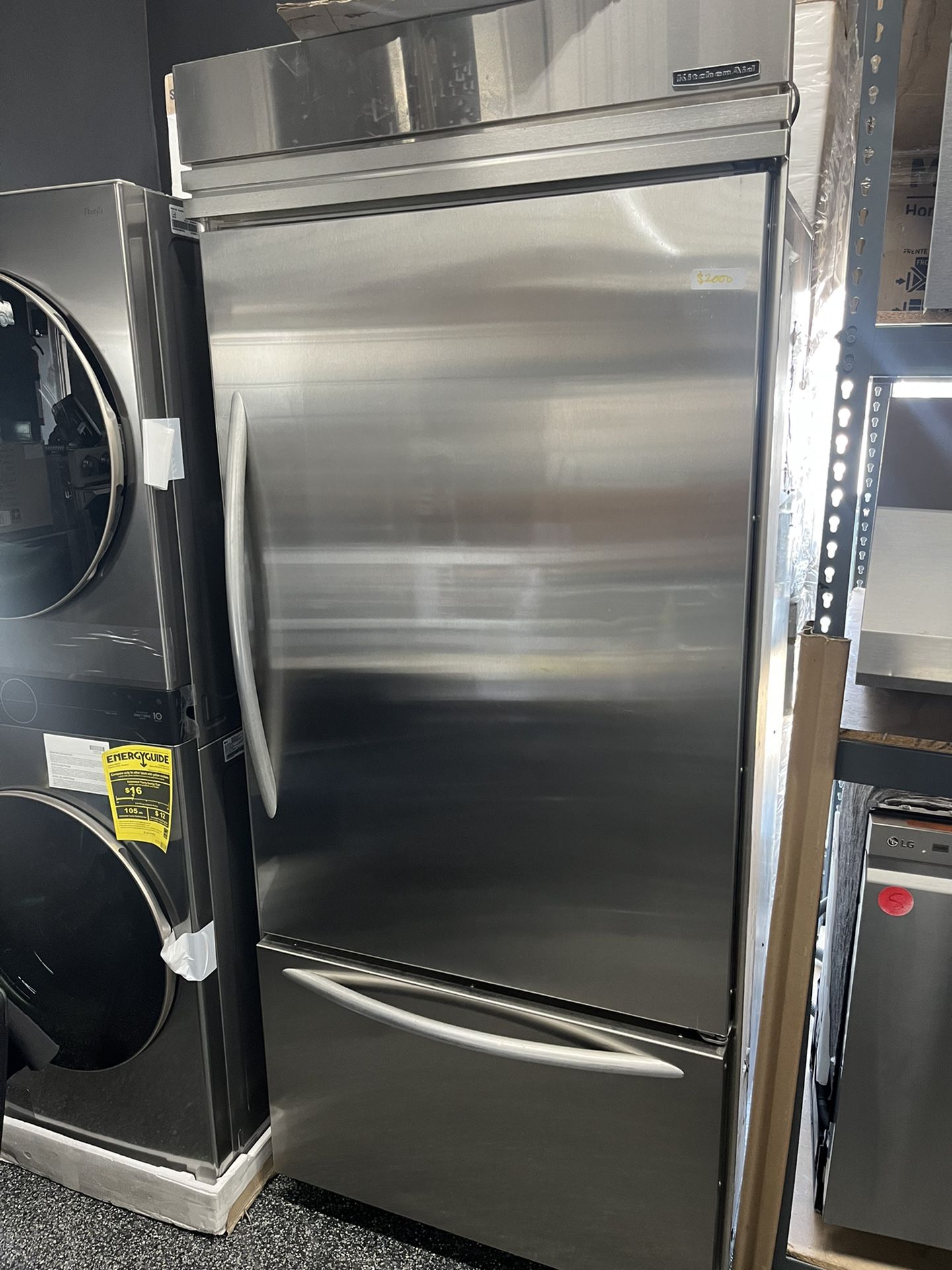 Built In Kitchen Aid Bottom Freezer 36” Fridge Stainless Steel