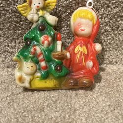 Vintage Plastic Christmas tree ornament Boy by tree