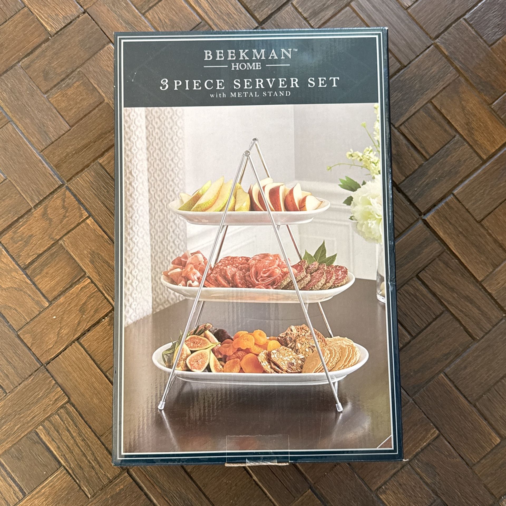 Beekman Home 3-Piece Server Set with Metal Stand - New in Box