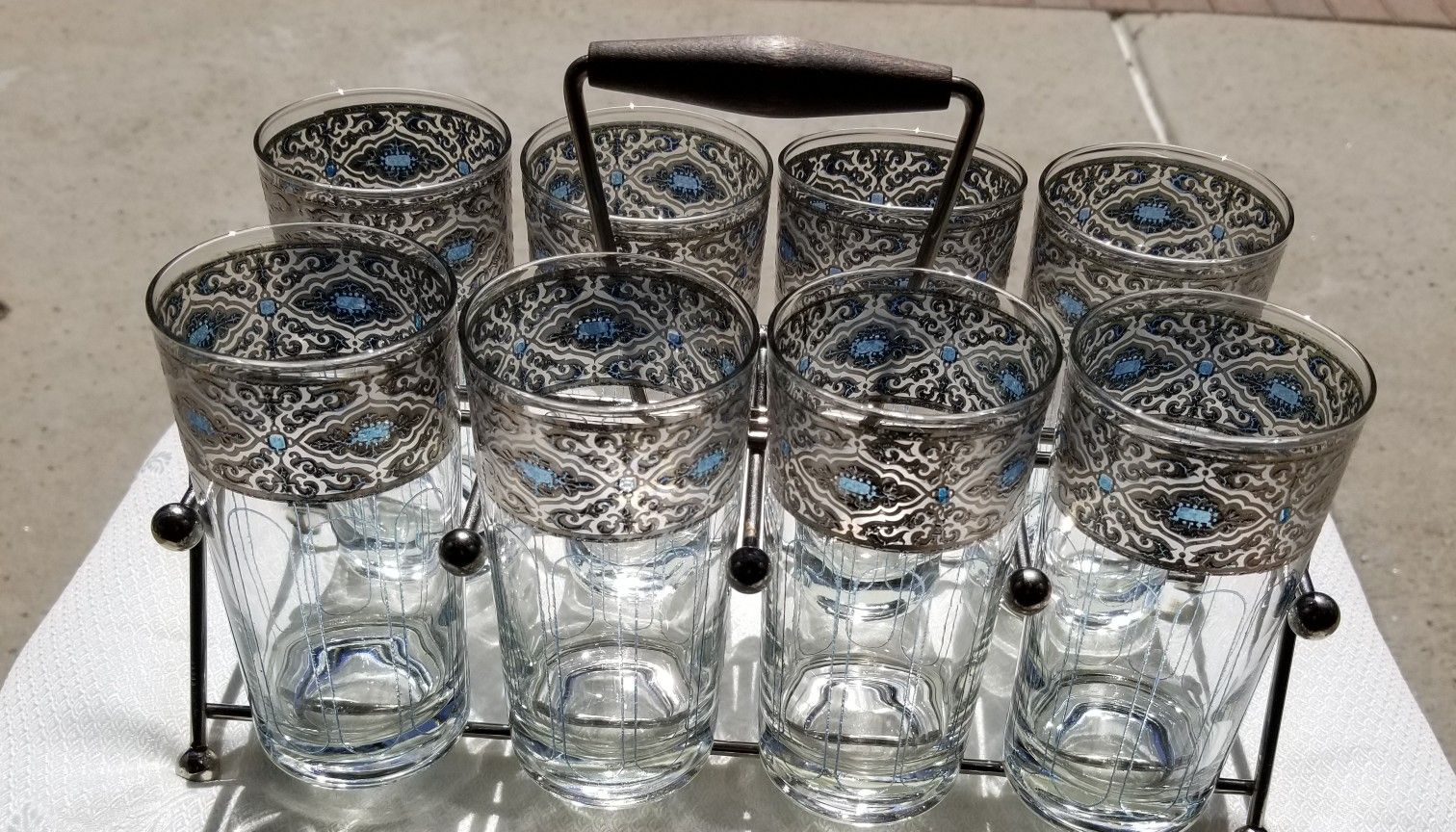 Mid Century Silver and Blue Rim Glasses With Carrier