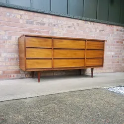 Mid Century Modern Dixie Walnut 9 Drawer Lowboy Dresser or Credenza Vintage