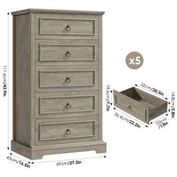 5 Drawer Tall Dresser, Chest of Drawers Storage Cabinet for Bedroom Living Room, Wash Gray